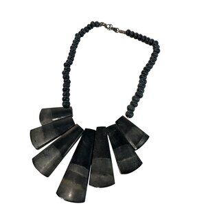Vintage Black Beaded Necklace With Statement Tribal Pendant Boho Bib Artsy